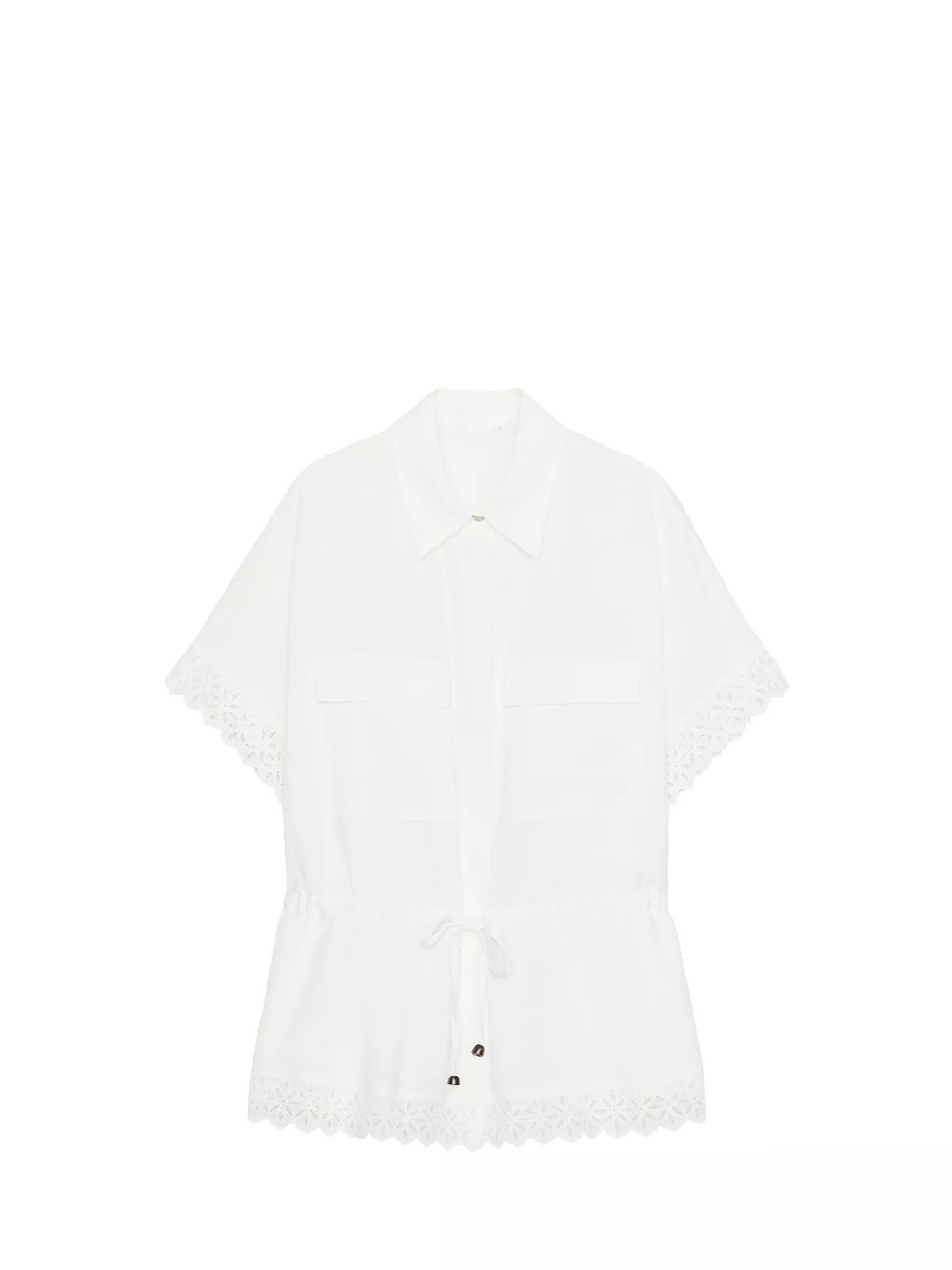 Zara White Eyelet-Trim Short Sleeve Drawstring Blouse